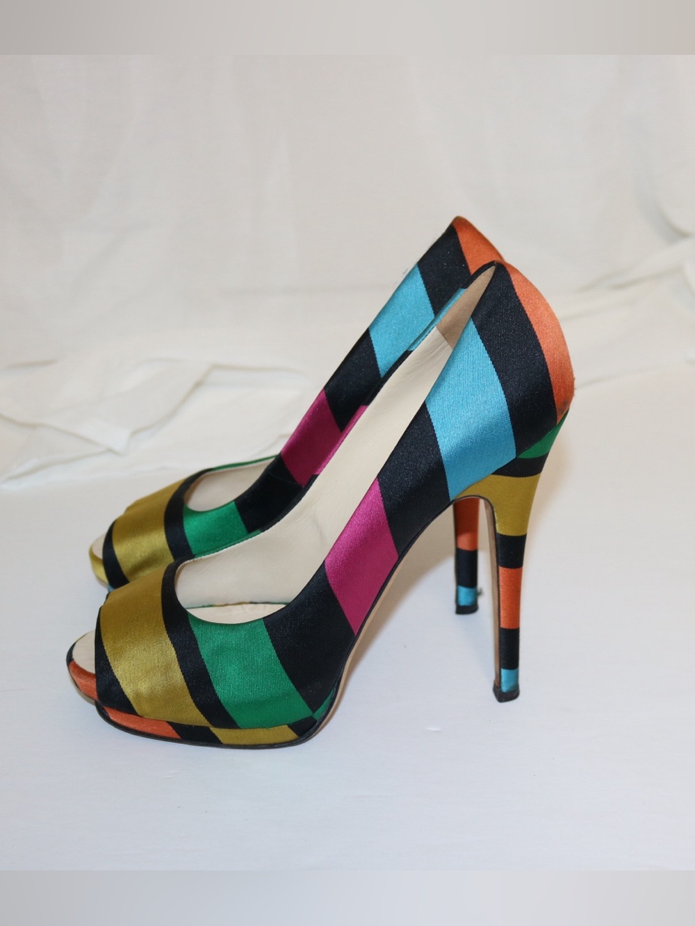 Giuseppe Zanotti Multicolor Striped Satin Peep-Toe Pumps